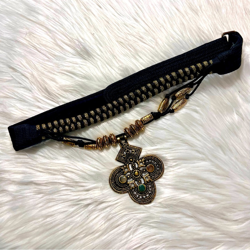Pearione Boho-Eclectic Adjustable Belt w/ Ornate Filigree Pendant